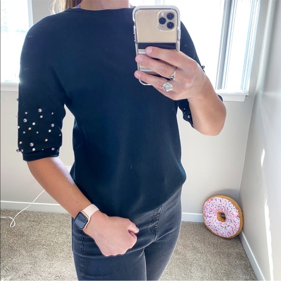 a new day Sweaters - Black short sleeve pearl sweater